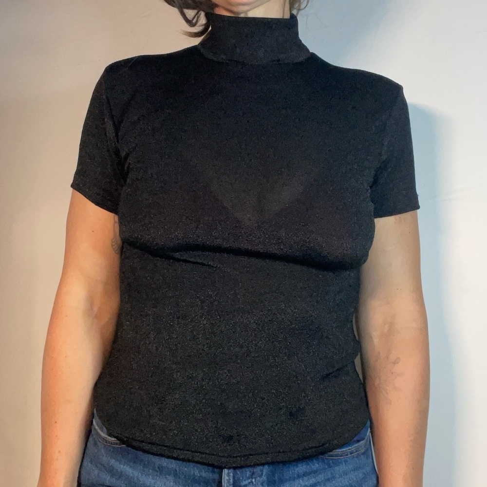 Vintage Kitty Hawk Y2K High Neck Black Sparkle Stretch BabyDoll Top - Picture 4 of 8